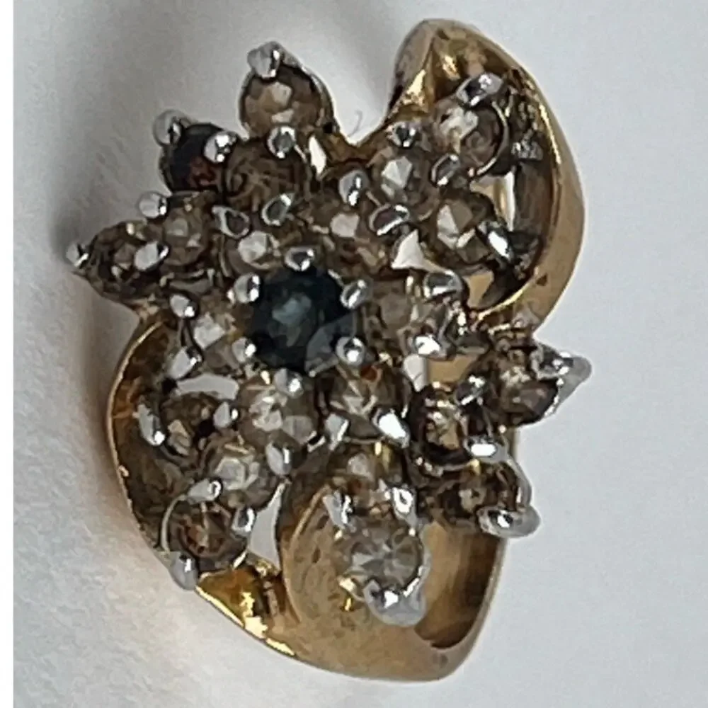18K HGE Vintage Flower Cocktail Cluster Rhinestone Ring Size 7 citrine look blue
